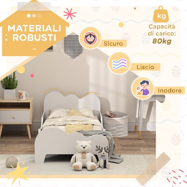 AIYAPLAY Letto Montessori per Bambini 3-8 Anni, 143.5x74.5 cm con Sponde Anti-Caduta, Forma di Nuvola in Legno, Bianco | Aosom Italy