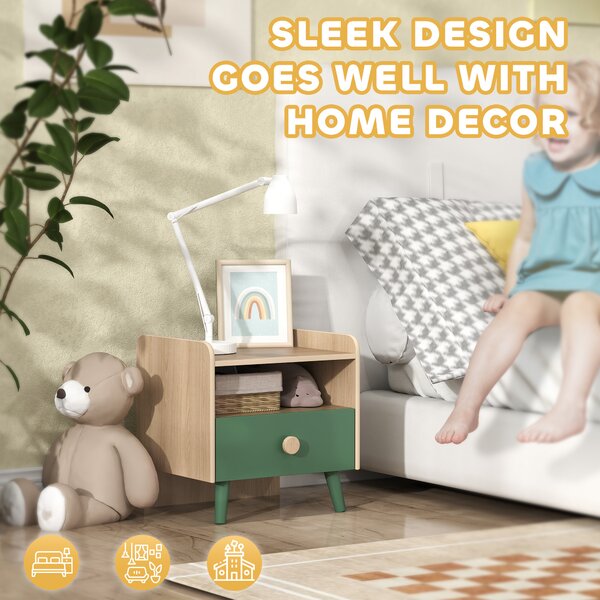AIYAPLAY Comodino con Cassetto per Bambini 3-10 Anni in Legno e Legno di Pino, 40x32.5x40 cm, Verde | Aosom Italy