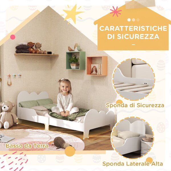 AIYAPLAY Letto Montessori per Bambini 3-8 Anni, 143.5x74.5 cm con Sponde Anti-Caduta, Forma di Nuvola in Legno, Bianco | Aosom Italy