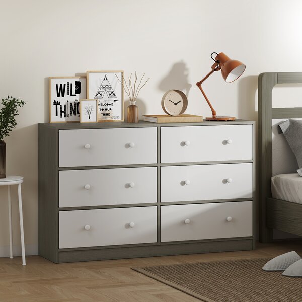 HOMCOM Cassettiera 6 Cassetti Pieghevoli con Maniglie Doppie, in Legno, Acciaio e Tessuto, 114x30x70 cm, Bianco e Grigio | Aosom Italy