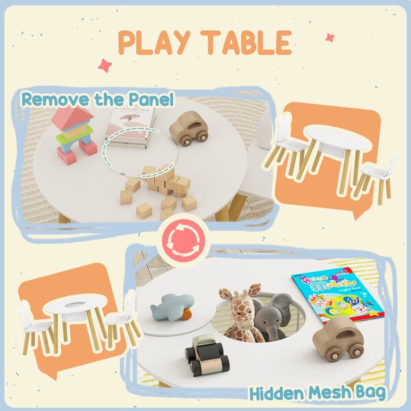 AIYAPLAY Set con Tavolo e 2 Sedie per Bambini con Schienale a Orsetto, Tavolino con Vano Contenitore, Bianco | Aosom Italy