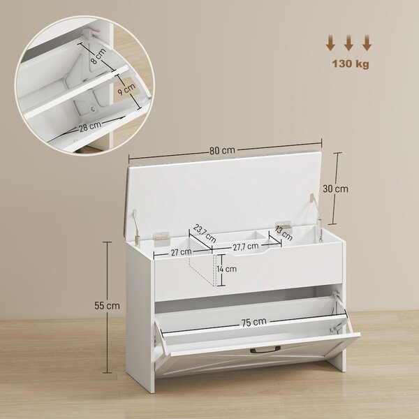 HOMCOM Panca Scarpiera con Cassetto Ribaltabile e Contenitore, Capacità 8 Paia di Scarpe, 80x30x55 cm, Bianco | Aosom Italy
