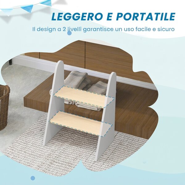 AIYAPLAY Sgabello Montessori per Bambini a 2 Gradini, Scaletta per Bambini 3-8 Anni con Bordi Arrotondati, Bianco | Aosom Italy