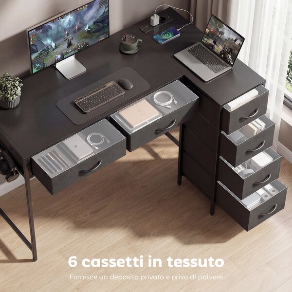 HOMCOM Scrivania Angolare a 6 Cassetti con Gancio Laterale e Prese Integrate, in Legno e Acciaio, 126x48x80 cm, Nero | Aosom Italy