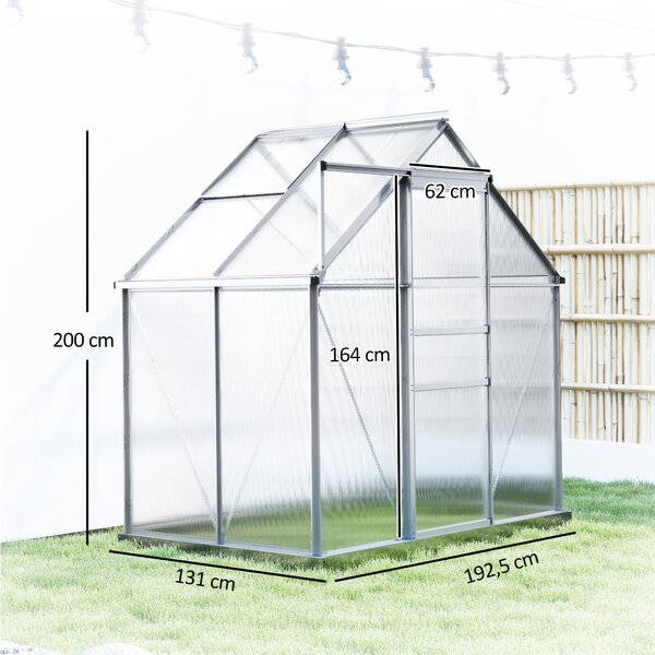 Outsunny Serra in Policarbonato e Alluminio con Porta a Battente e Finestra a Tetto, 192.5x131x200 cm, Argento | Aosom Italy