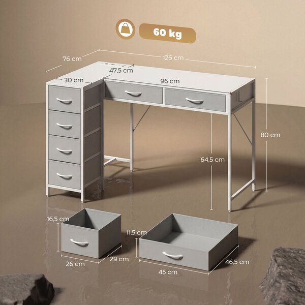 HOMCOM Scrivania Angolare a 6 Cassetti con Gancio Laterale e Prese Integrate, in Legno e Acciaio, 126x48x80 cm, Bianco | Aosom Italy