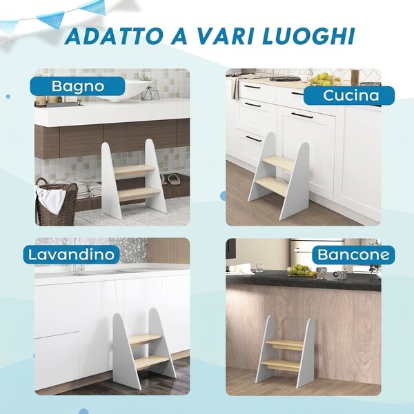 AIYAPLAY Sgabello Montessori per Bambini a 2 Gradini, Scaletta per Bambini 3-8 Anni con Bordi Arrotondati, Bianco | Aosom Italy