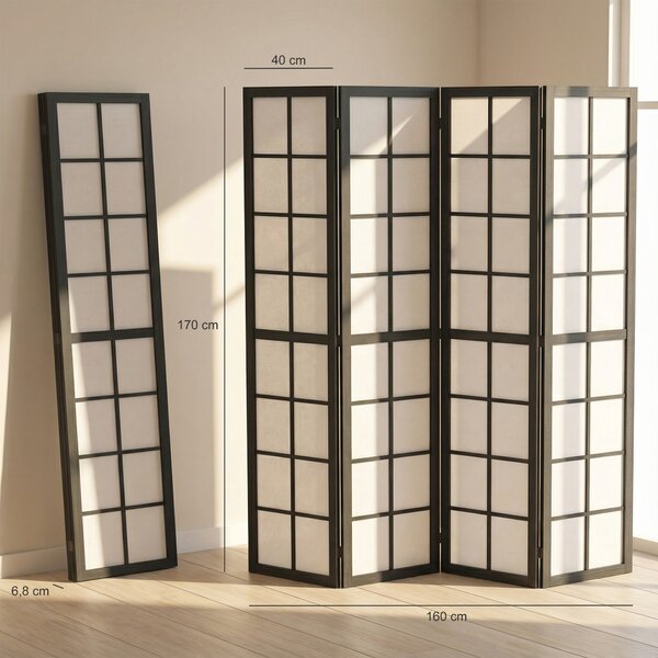 HOMCOM Paravento da Interno a 4 Pannelli Pieghevole in Legno e Tessuto, 160x170 cm, Nero e Bianco | Aosom Italy