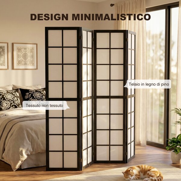 HOMCOM Paravento da Interno a 4 Pannelli Pieghevole in Legno e Tessuto, 160x170 cm, Nero e Bianco | Aosom Italy