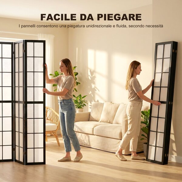 HOMCOM Paravento da Interno a 4 Pannelli Pieghevole in Legno e Tessuto, 160x170 cm, Nero e Bianco | Aosom Italy