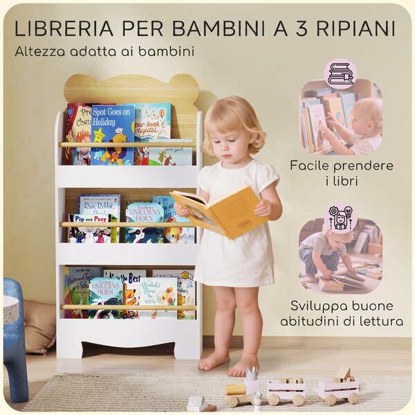 AIYAPLAY Libreria per Bambini con 3 Ripiani a Forma di Orsetto con Barriere Frontali, 55x15x110 cm, Color Legno | Aosom Italy