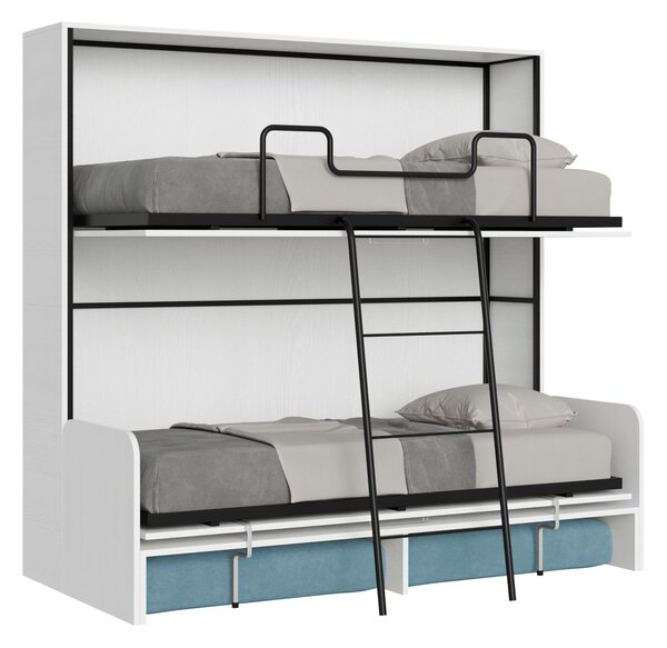 Letto Doppio A Scomparsa Kando Con Divano Bianco Frassino e Azzurro