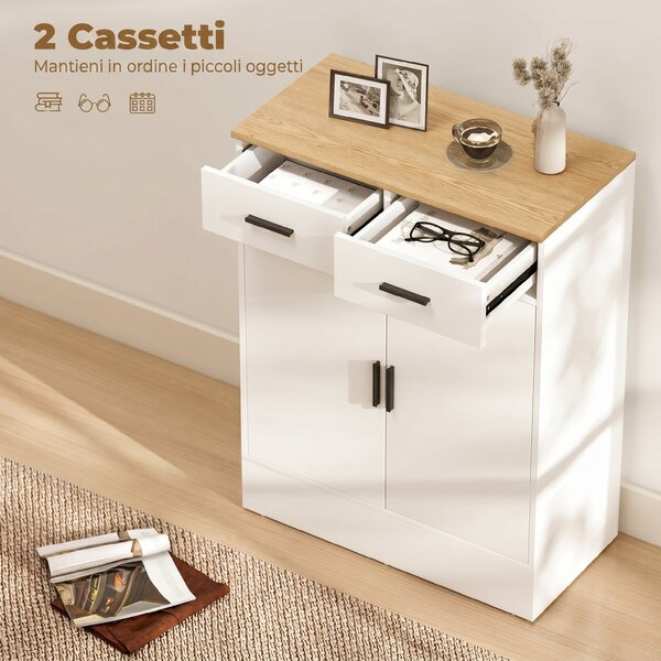 HOMCOM Credenza Moderna 2 Cassetti e Armadietto 2 Ante, Ripiano Interno Regolabile, Bianco e Legno | Aosom Italy