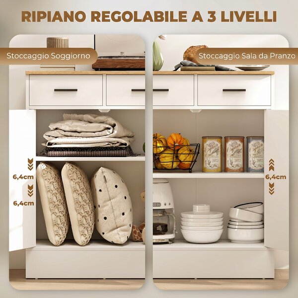 HOMCOM Credenza Moderna 2 Cassetti e Armadietto 2 Ante, Ripiano Interno Regolabile, Bianco e Legno | Aosom Italy