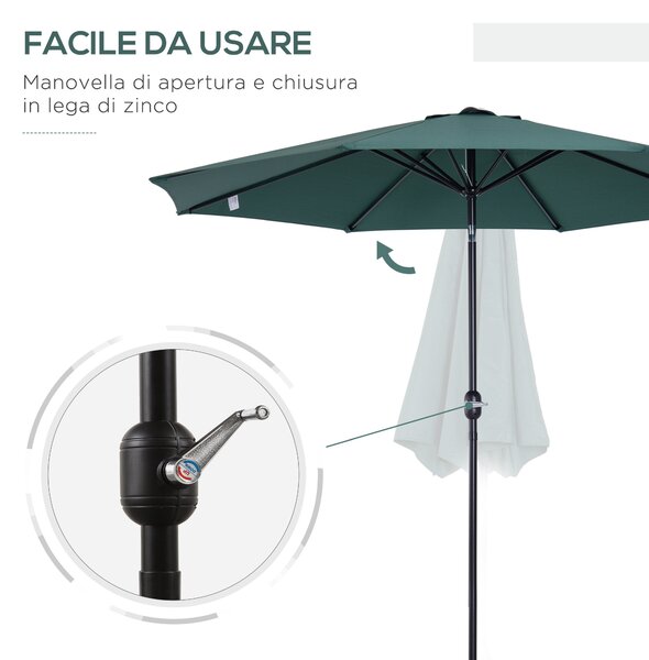 Outsunny Ombrellone da Giardino Φ295cm Inclinabile con Manovella in Metallo e Poliestere Verde|Aosom