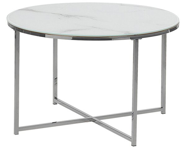 Tavolino Rotondo Effetto Marmo Bianco Base Argento 70 cm Glam Moderno Minimalista Beliani