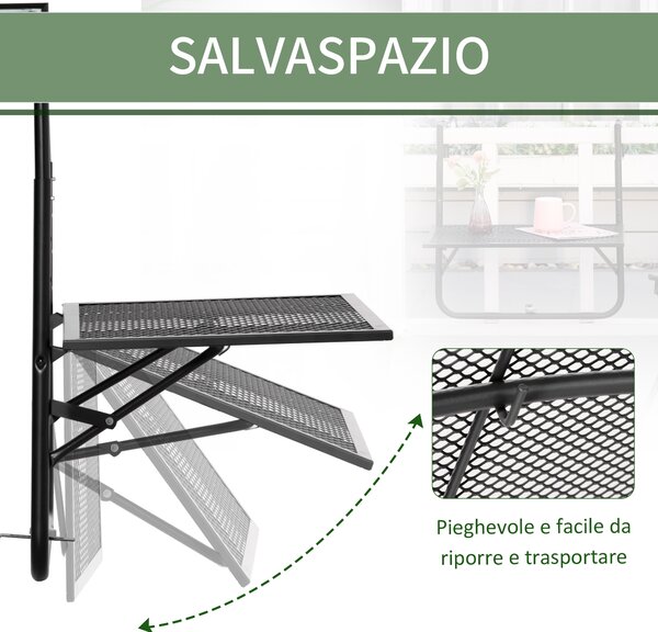 Outsunny Tavolo da Ringhiera Pieghevole e Regolabile in Metallo, 60x60x57-72cm, Nero