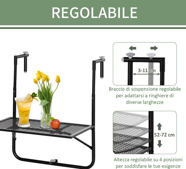 Outsunny Tavolo da Ringhiera Pieghevole e Regolabile in Metallo, 60x60x57-72cm, Nero