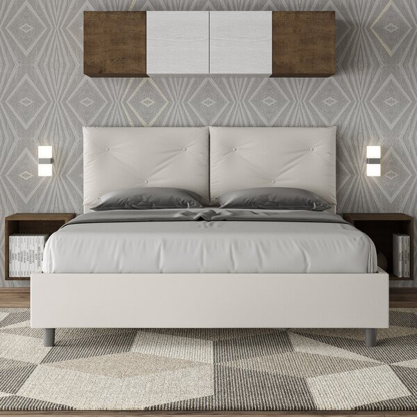 Letto Matrimoniale 160x190 cm con Rete e Contenitore con Alzata Comoda Imbottito in Similpelle Appia Bianco