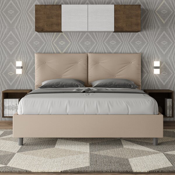 Letto Matrimoniale 160x190 cm con Rete e Contenitore con Alzata Comoda Imbottito in Similpelle Appia Tortora