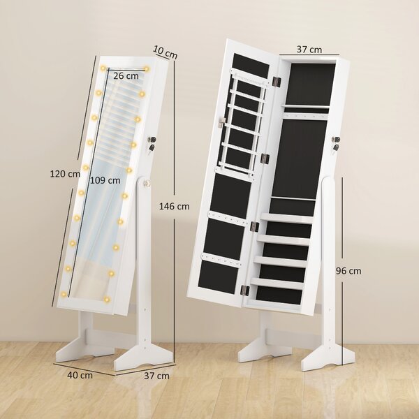 Homcom Armadio Specchio Portagioie Organizzatore per Gioielli Bloccabile con 20 Luci LED, Bianco, 40x37x146 cm|Aosom