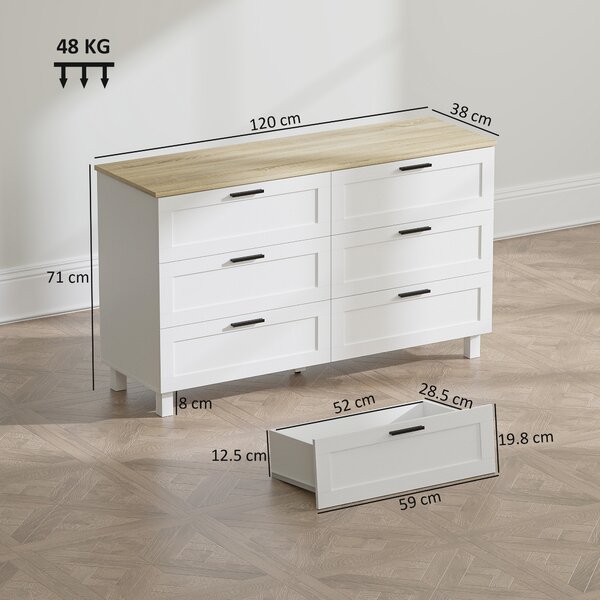 HOMCOM Cassettiera 6 Cassetti Moderna in Truciolato, Legno di Pino e MDF, 120x38x71 cm, Bianco e color Legno | Aosom Italy
