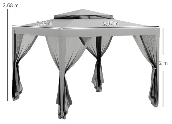 Outsunny Gazebo da Giardino 3x3 m con Zanzariera, Doppio Tetto e 8 Fori, in Acciaio e Poliestere, Grigio | Aosom Italy