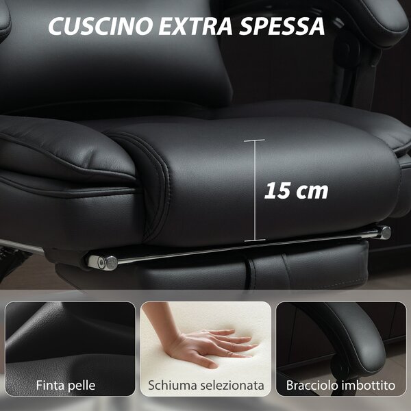 HOMCOM Sedia da Ufficio in Pelle PU con Poggiapiedi, Poggiatesta Regolabile e Supporto Lombare, Nero | Aosom Italy