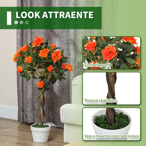 Outsunny Pianta Finta di Camelia da 21 Fiori con Vaso Riempito in Cemento e Muschio, Ø18x90 cm, Arancione | Aosom Italy