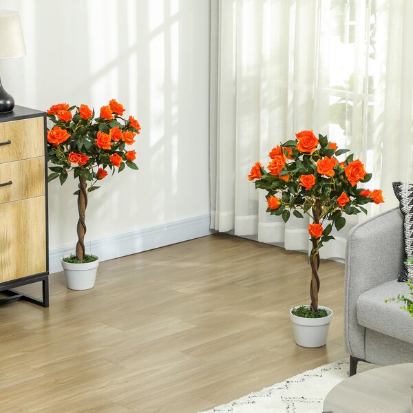 Outsunny Pianta Finta di Camelia da 21 Fiori con Vaso Riempito in Cemento e Muschio, Ø18x90 cm, Arancione | Aosom Italy