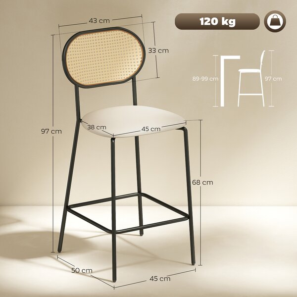 HOMCOM Set di 2 Sgabelli Alti da Cucina con Schienale in Rattan Seduta in PU Struttura in Acciaio e Poggiapiedi Beige | Aosom Italy