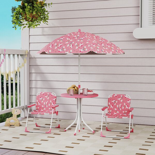 AIYAPLAY Set da Giardino per Bambini a Tema Giungla con 2 Sedie Pieghevoli, Ombrellone e Tavolino Rotondo, Rosa | Aosom Italy