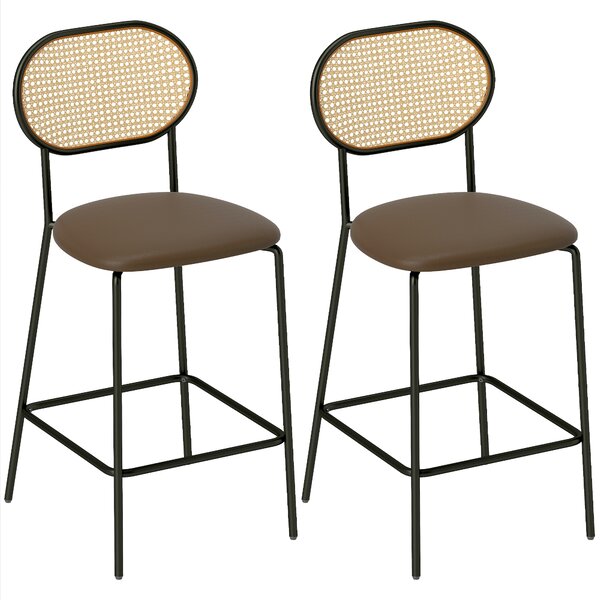 HOMCOM Set di 2 Sgabelli da Cucina con Schienale in Rattan Seduta in PU Struttura in Acciaio e Poggiapiedi Marrone | Aosom Italy