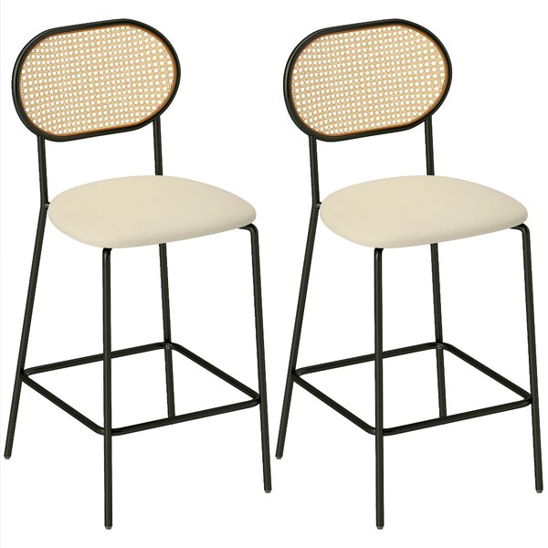 HOMCOM Set di 2 Sgabelli Alti da Cucina con Schienale in Rattan Seduta in PU Struttura in Acciaio e Poggiapiedi Beige | Aosom Italy