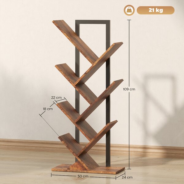 HOMCOM Libreria a 7 Livelli con Forma di Albero, 50x24x109 cm, Marrone Rustico | Aosom Italy