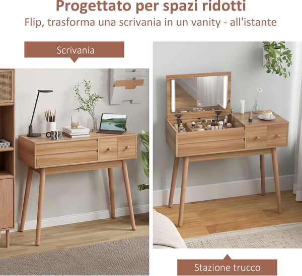 HOMCOM Tavolo da Trucco con Specchio a Luci LED e Spazio Contenitore in Legno, 100x40x87 cm | Aosom Italy