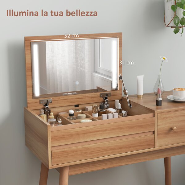 HOMCOM Tavolo da Trucco con Specchio a Luci LED e Spazio Contenitore in Legno, 100x40x87 cm | Aosom Italy