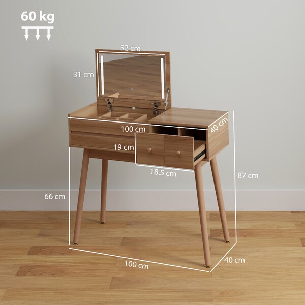 HOMCOM Tavolo da Trucco con Specchio a Luci LED e Spazio Contenitore in Legno, 100x40x87 cm | Aosom Italy
