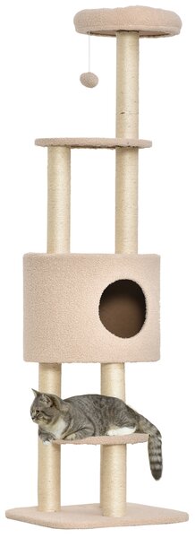 PawHut Albero Tiragraffi per Gatti a 5 livelli Multi-attività Morbido con Cuccia Palla Sospesa in Sisal Peluche Beige|Aosom
