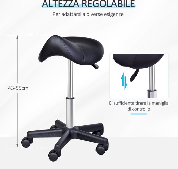 HOMCOM Sgabello Girevole a Sella con Ruote e Altezza Regolabile, Imbottito e Rivestito in Finta Pelle, Nero|Aosom