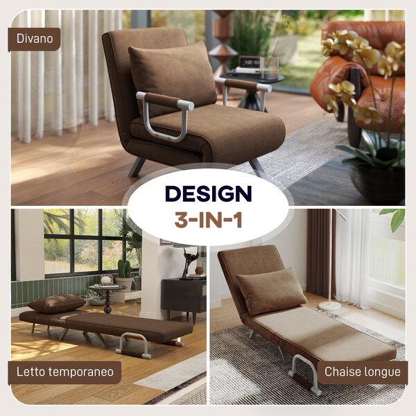 HOMCOM Poltrona Letto Reclinabile 2 in 1 con Schienale su 5 Posizioni e Cuscino, Sedia Moderna è in metallo, 65x69x80cm, Marrone | Aosom Italy