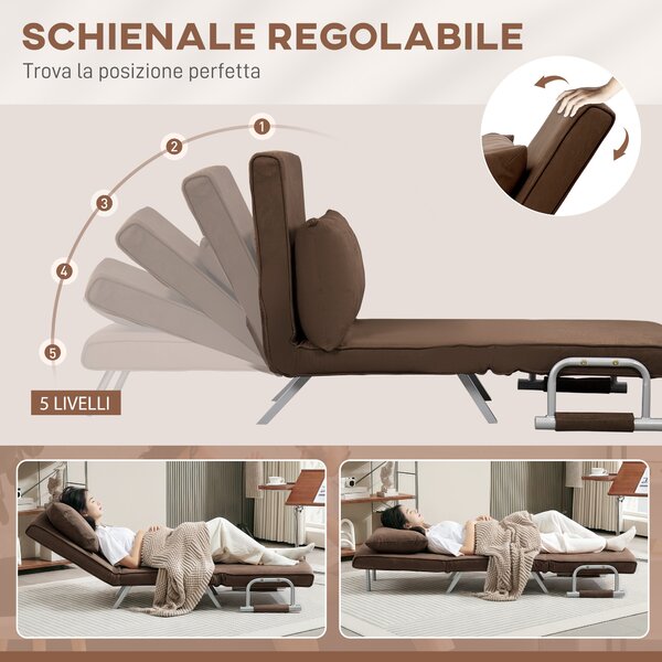 HOMCOM Poltrona Letto Reclinabile 2 in 1 con Schienale su 5 Posizioni e Cuscino, Sedia Moderna è in metallo, 65x69x80cm, Marrone | Aosom Italy