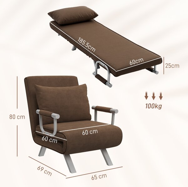 HOMCOM Poltrona Letto Reclinabile 2 in 1 con Schienale su 5 Posizioni e Cuscino, Sedia Moderna è in metallo, 65x69x80cm, Marrone | Aosom Italy