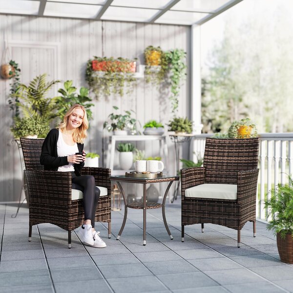Outsunny Set Mobili da Giardino Rattan Set Arredamento Giardino 3pz Tavolo con 2 Sedie con Cuscini Marrone|Aosom