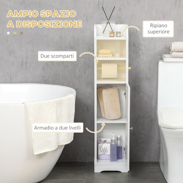 Kleankin Mobile Bagno Colonna con 3Ripiani Aperti e Armadietto a 2Livelli Regolabile,Maniglia in alluminio, in Legno, 23x18x100 cm, Bianco|Aosom Italy
