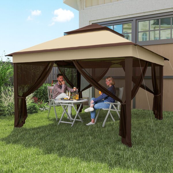 Outsunny Gazebo 3x3 Regolabile su 3 Livelli con Pareti Rimovibili, in Acciaio e tessuto Oxford, color Caffè e Beige