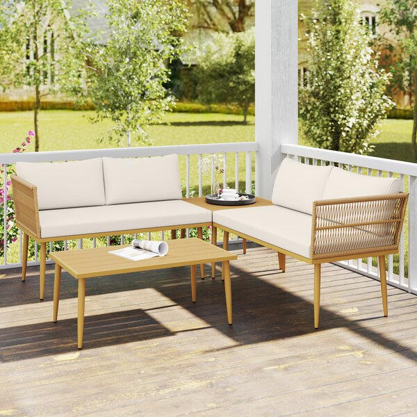 Outsunny Set Salotto da Esterno in Rattan PE con 2 Divani a 2 Posti con Cuscini e 2 Tavoli da Caffè, Colore Legno