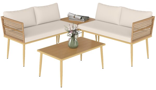Outsunny Set Salotto da Esterno in Rattan PE con 2 Divani a 2 Posti con Cuscini e 2 Tavoli da Caffè, Colore Legno