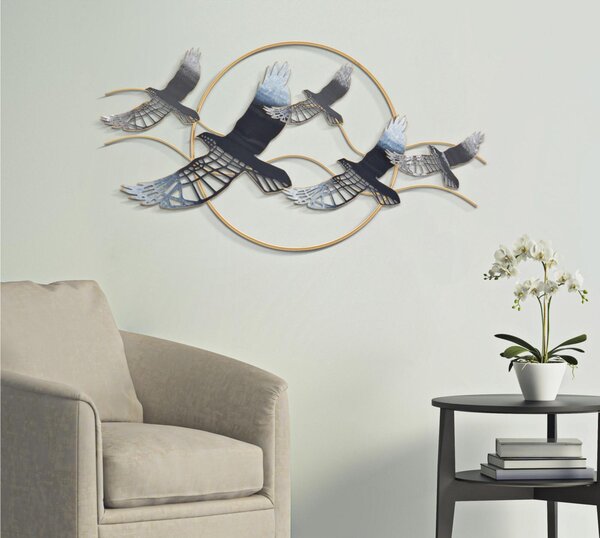 Pannello decorativo 3D da parete in metallo raffigurante degli uccelli in volo 91x6x h 50,5 cm peso 1,300 kg vari colori cornice dorata