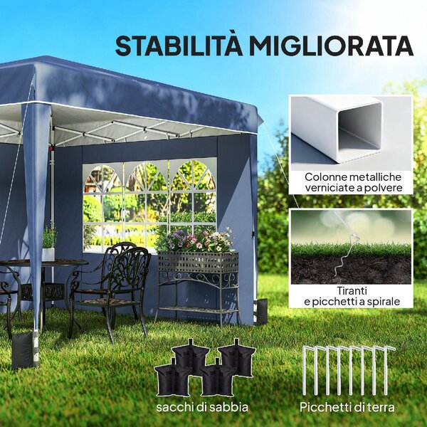 VivaGarden Gazebo da Giardino 3x3 mt Pieghevole in Metallo/Tessuto Tende Laterali con Finestre colore Blu
